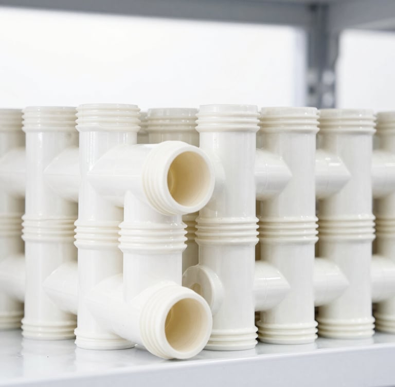 Bright high-key commercial photography of stacked heavy-duty PVC pipe connections and brass valves on a clean warehouse shelf, sharp focus, 50mm