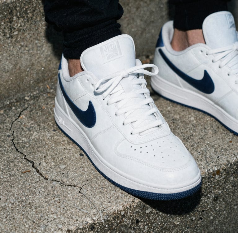 Raw flash photography, extreme close-up of high-end sneakers resting on a cracked concrete step, gloomy overcast daylight, high contrast, gritty 35mm film grain