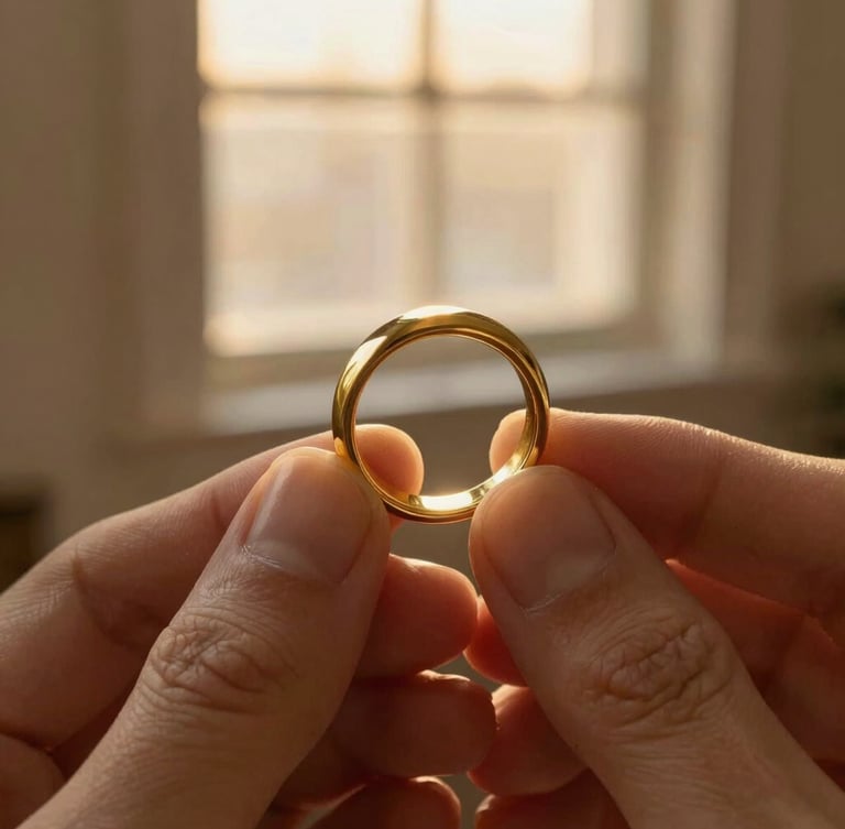 Macro photography of hands holding a heavy, raw gold ring, soft golden-hour window light casting warm reflections, shallow depth of field