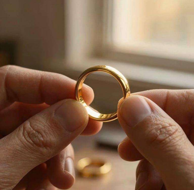 Macro shot of a goldsmith's hands holding a heavy solid gold ring, soft golden-hour window light illuminating the texture of the metal, warm editorial photography, shallow depth of field