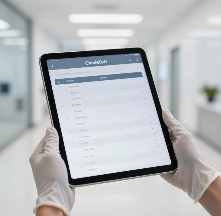 A close-up shot of a modern digital tablet screen displaying a clean checklist, held by clean gloved hands in a bright, pristine commercial hallway