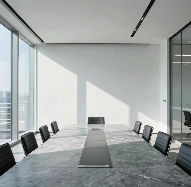 Bright architectural interior of a modern corporate boardroom with a polished large table, clean minimalist glass walls, natural daylight casting sharp lines, cool slate tones, 35mm lens.