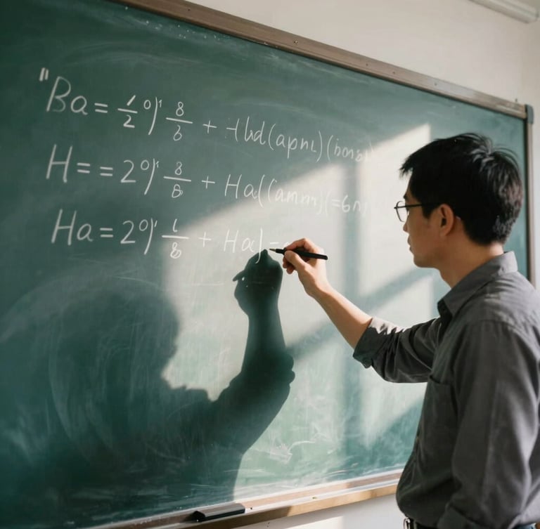 Candid medium shot of a professor writing a complex equation on a dark green chalkboard, soft natural window light casting deep shadows, warm scholarly atmosphere, 35mm film aesthetic
