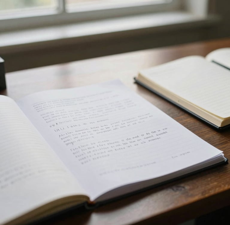 Close-up of a handwritten syllabus draft and open notebooks on a dark wooden seminar table, soft overhead window light, shallow depth of field.