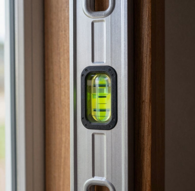 A crisp, straight-on close-up of a spirit level with the bubble perfectly centered on a newly installed walnut door frame, natural morning light.