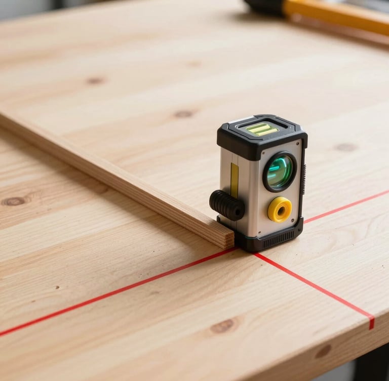 Straight-on shot of a clean, organized tool layout on a light wood workbench, with a laser level casting a crisp red line across a perfectly mitered joint, bright natural daylight.