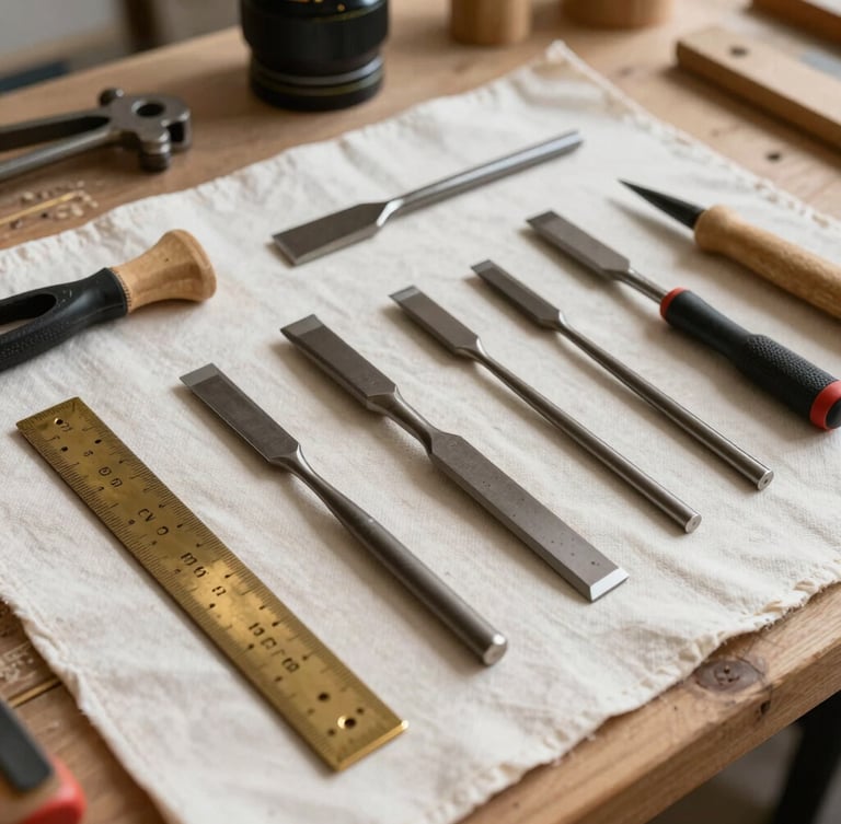 A neat knolling layout of professional carpentry tools, chisels, and a brass square on a clean canvas drop cloth, bright natural workshop light.