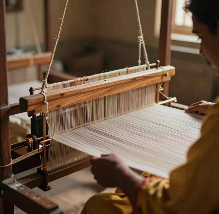 A master weaver at an ancestral wooden loom in rural India, soft natural side-light illuminating the intricate silk threads and rich textures, shallow depth of field, 35mm