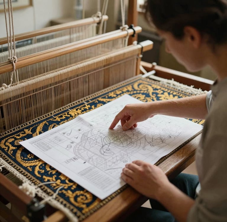 A master weaver pointing at a technical design grid map next to a half-finished hand-knotted carpet on a loom, warm studio light, 35mm
