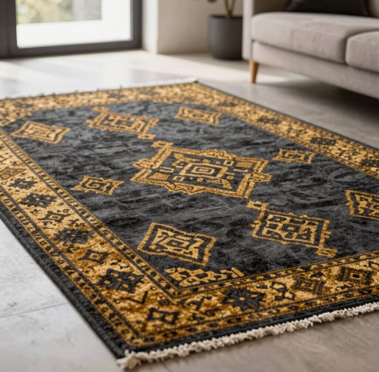 A striking hand-knotted wool rug with intricate geometric patterns in deep charcoal and antique gold, styled in a sunlit modern architectural living room, soft natural side-light, shallow depth of field, 35mm