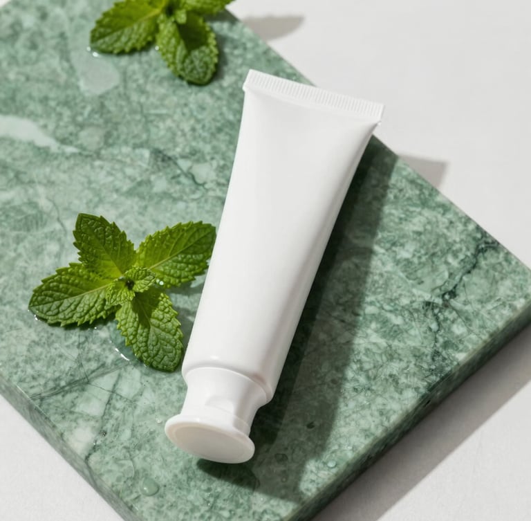Sleek minimalist white toothpaste tube resting on a damp forest green marble slab, soft botanical mint leaves scattered beside it, bright natural daylight