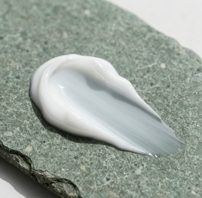 Macro editorial photograph of smooth white toothpaste paste texture on a dark green stone surface, soft natural daylight, high-end wellness aesthetic