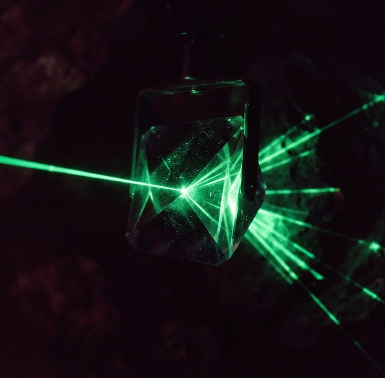 Cinematic close-up of a dark glass prism refracting a sharp emerald laser beam in a cavernous black space, deep burgundy ambient shadows, 35mm photography.