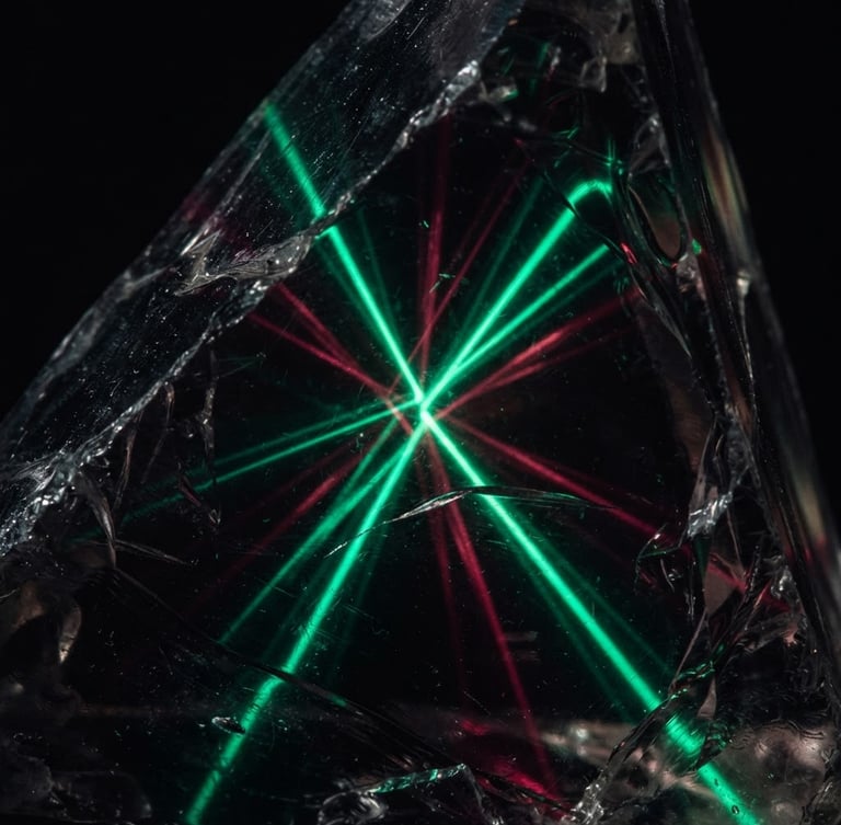 Extreme close-up of a dark glass prism refracting sharp emerald and deep burgundy light beams, cinematic dark-key photography, 35mm macro detail.