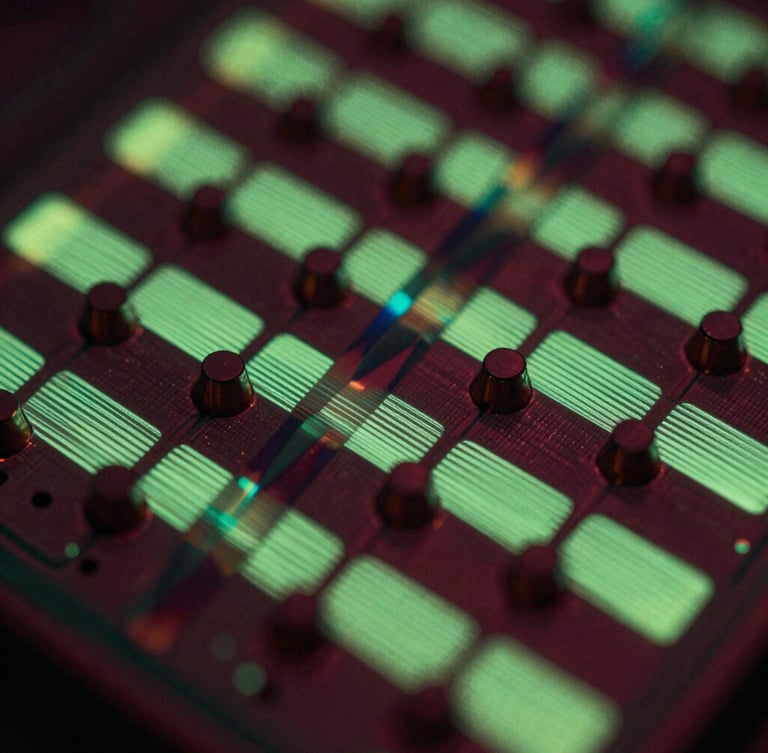 Macro close-up of a glowing silicon wafer with sharp neon-emerald traces and deep burgundy shadow accents, cinematic architectural lighting, 35mm.