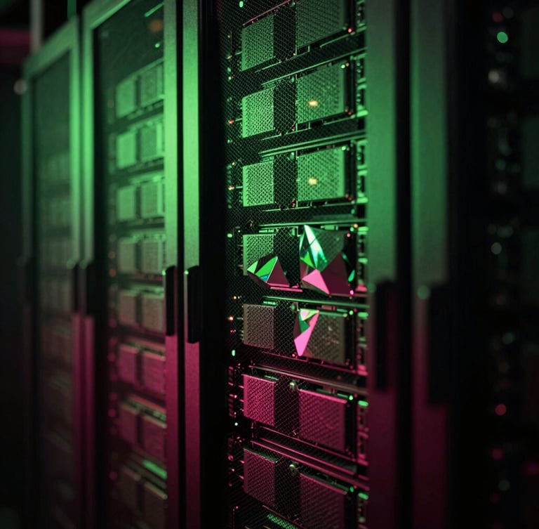 Cinematic dark-key photography of high-density server racks in deep shadow, sharp neon-emerald and deep burgundy backlighting, abstract refracting prisms in foreground, macro detail, 35mm