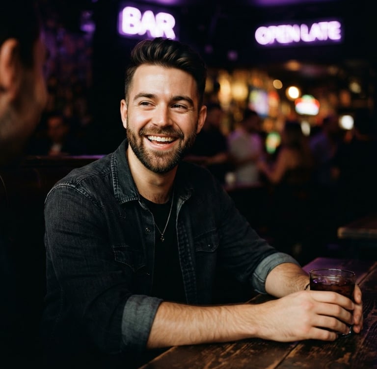 Candid portrait of a gay man smiling genuinely, warm low-key lighting with subtle neon violet accents in the background, rich saturated tones, 35mm film grain, natural depth of field.