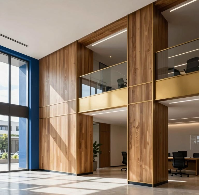 Architectural photography of a modern renovated office interior in Bogotá, clean geometric lines, warm wood and gold accents, natural daylight pouring in, professional 35mm focus.