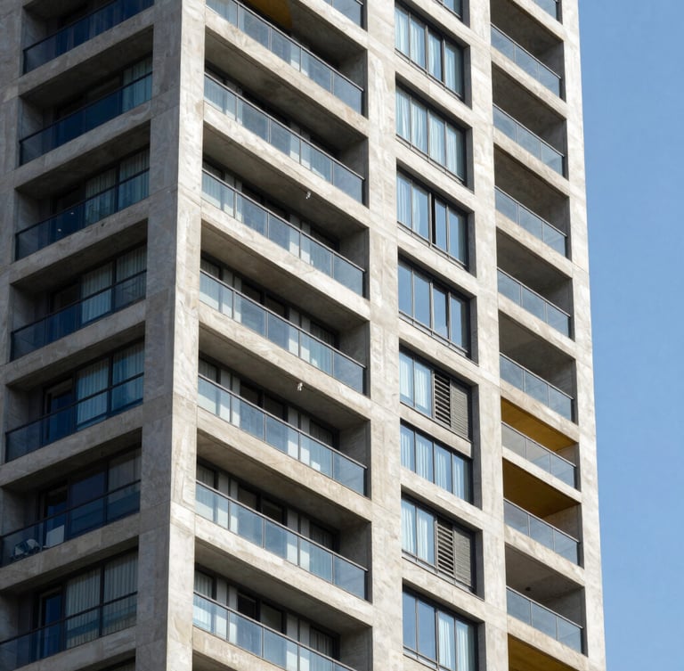 Architectural elevation of a modern residential tower in Bogotá, sharp focus, geometric concrete lines, bright daylight.