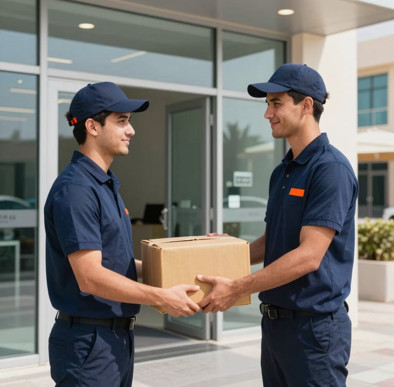 A professional courier rider in clean navy gear handing over a parcel at a modern Abu Dhabi office entrance, bright midday light, crisp focus, 35mm