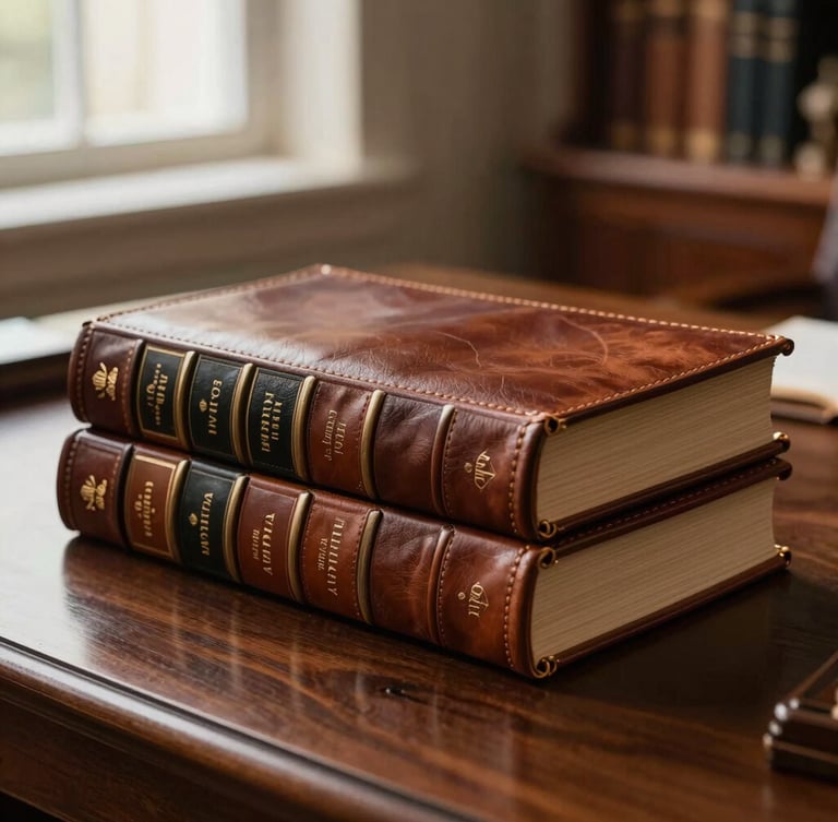 Close-up of leather-bound legal volumes on a dark wood desk, soft warm light from a nearby window, professional chamber setting