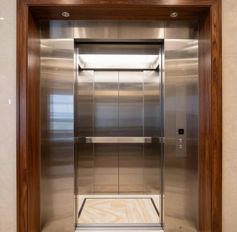 A premium residential elevator with mirror-finish stainless steel cabin walls integrated into a luxury Bangalore villa interior, warm wood accents, 35mm lens