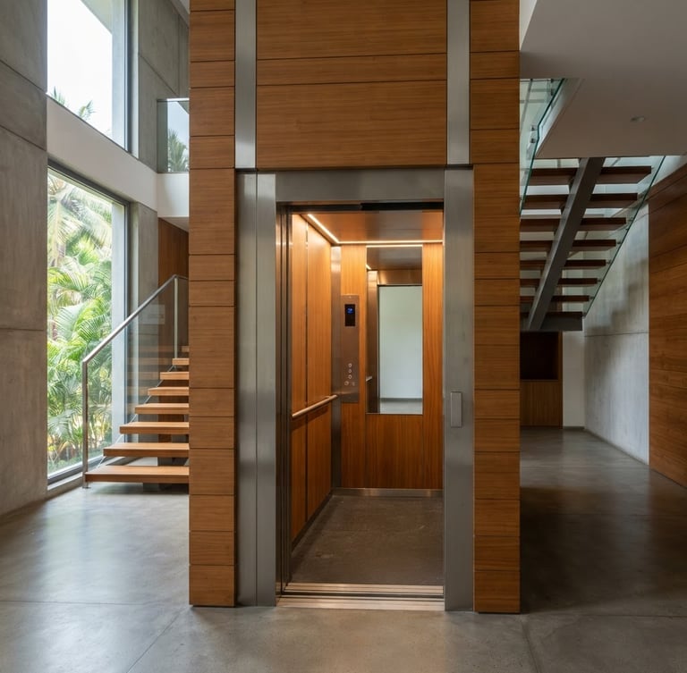 Architectural photography of a minimalist home elevator cabin with brushed steel and warm wood panels integrated into a modern multi-storey Bangalore villa interior, soft natural light, 35mm lens.