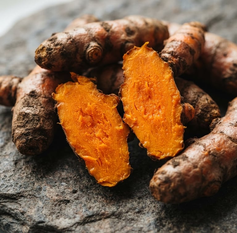 Macro shot of raw turmeric fingers showing deep orange interiors on a stone surface, bright natural daylight, crisp focus