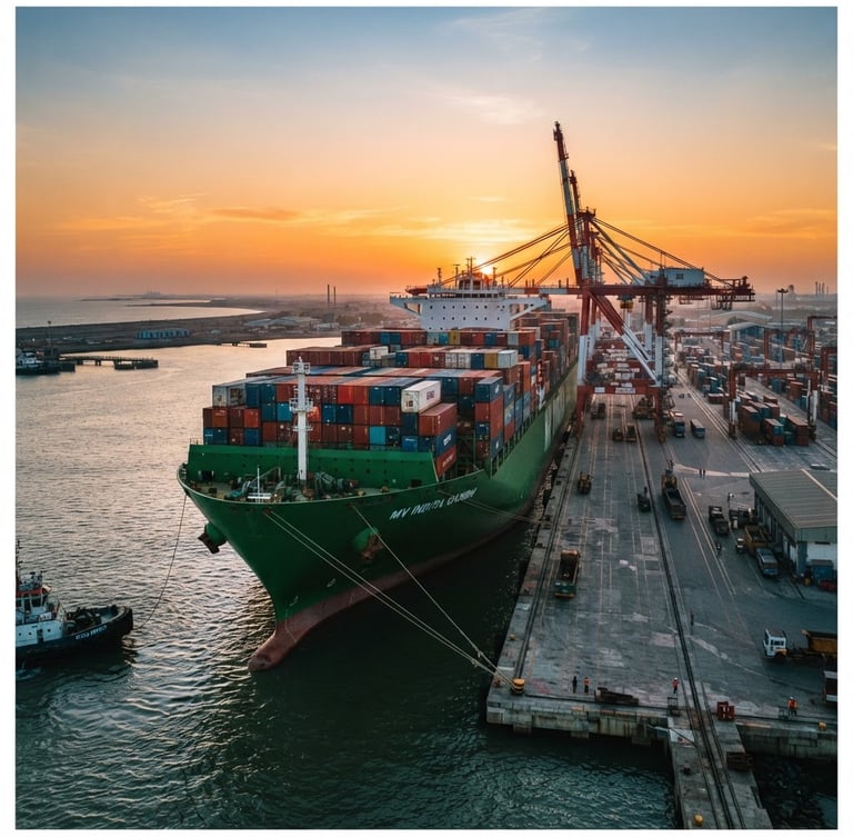 Crisp editorial photography of a massive green container ship docked at a modern Indian port during sunrise, sharp focus, 35mm