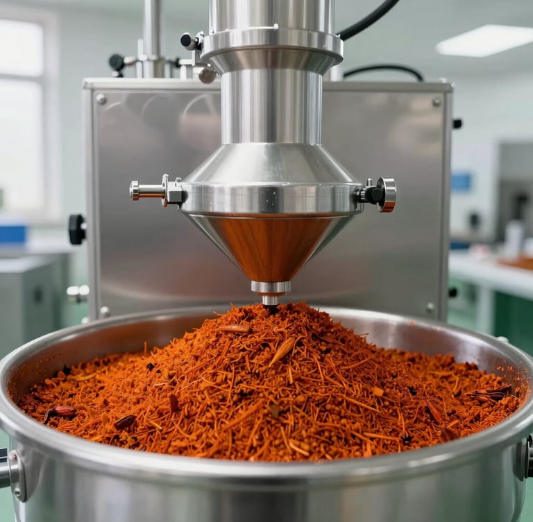 Pristine stainless-steel processing machinery in a bright, clean modern spice processing facility, sterile environment, sharp focus