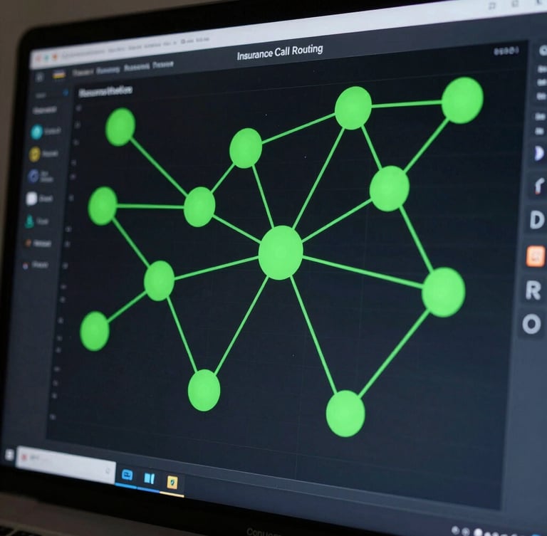 Macro shot of a real-time insurance call routing dashboard, showing active connection nodes in electric green, crisp dark UI, high contrast, studio lighting.