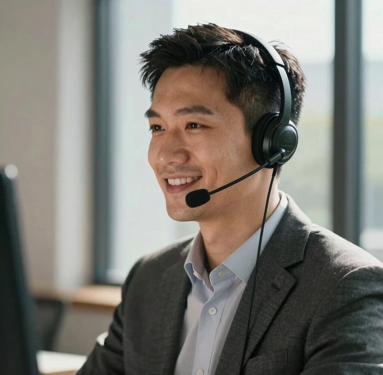 Tight environmental portrait of a professional US-based sales agent wearing a modern headset, smiling naturally in soft daylight next to a window, high contrast.