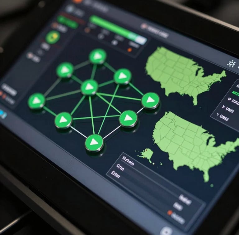 Macro shot of a dark high-performance routing dashboard interface, displaying active green call nodes, live connection metrics, and US regional map highlights, cool high contrast.