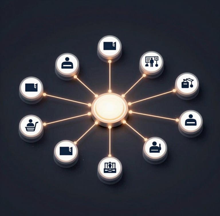 Isometric vector diagram of a clean network routing flow with glowing nodes, showing paths connecting US consumer icons to sales floor icons, sharp focus, dark background.