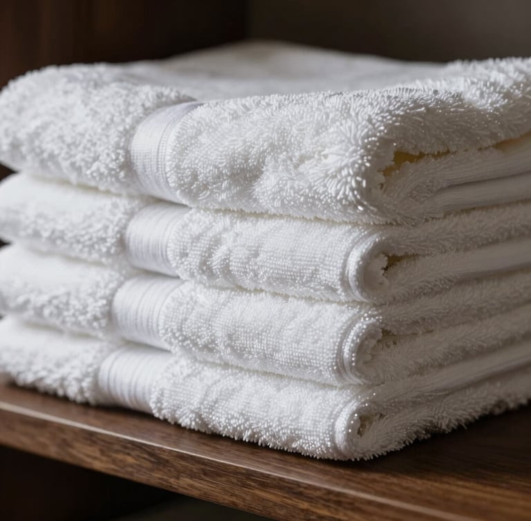 Macro shot of folded white luxury towels stacked neatly on a dark wooden shelf, soft side lighting highlighting the fluffy cotton fibers