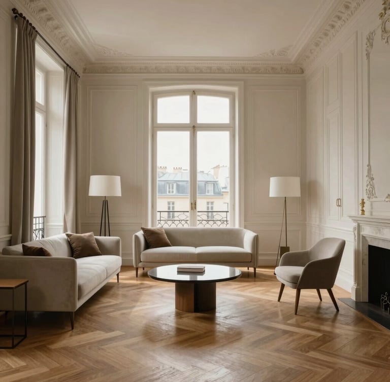 Elegant medium shot of a prestigious Parisian apartment interior with high ceilings, soft natural daylight illuminating chevron parquet floors and minimalist luxury furniture, no people.