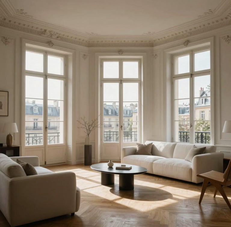 Elegant medium shot of a sunlit Parisian living room with high ceilings, delicate crown molding, light oak herringbone floors, and refined minimalist furniture. Soft, diffused natural daylight streaming through tall French windows.