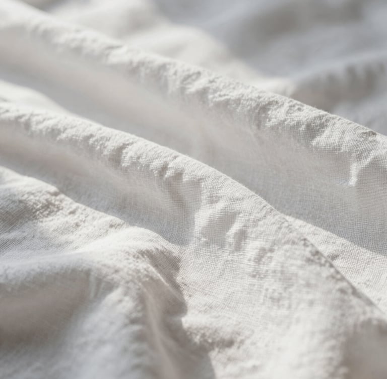Tactile close-up of perfectly pressed, high-thread-count white linen, soft morning light casting gentle shadows, elegant composition.