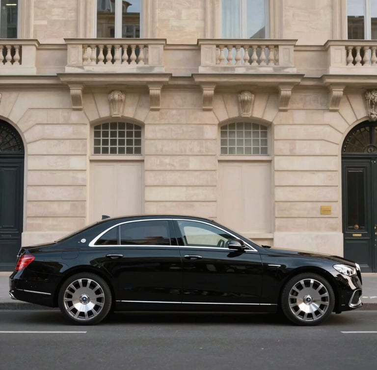 Side view of a pristine black luxury sedan parked under soft morning light, clean architectural lines of a Parisian building in the background, elegant and quiet luxury.