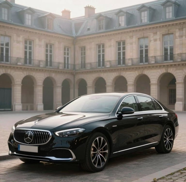 Portrait elegant shot of a modern luxury black sedan parked in a quiet historic courtyard in Paris, soft morning mist, diffused light, focus on the clean lines of the vehicle.