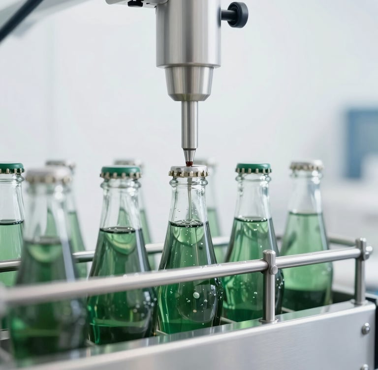 Sharp macro shot of an automated stainless steel bottling line filling glass bottles under bright, high-key white light, sterile clinical environment