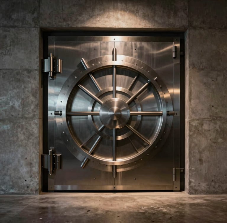 Sleek architectural photography of a heavy steel vault door inside a modern concrete facility, low-key dramatic lighting with a subtle amber glow, sharp focus, 35mm