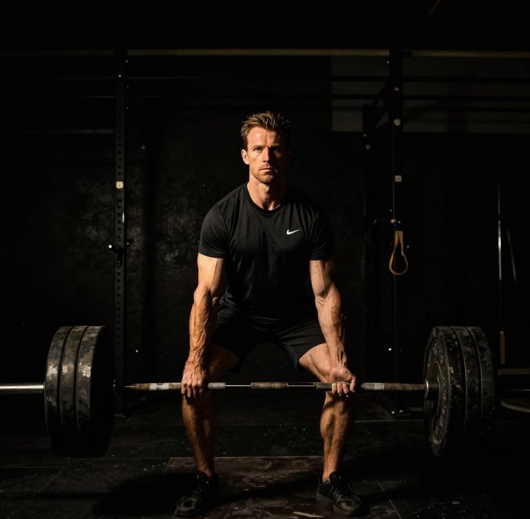 Portrait of Coach Walter Roth in a raw, minimalist gym, intensely focused while demonstrating a heavy lift, dramatic low-key lighting with gold highlights, 35mm