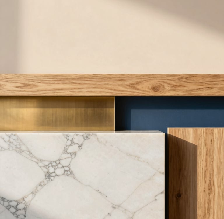 Close-up of premium materials, white Calacatta marble slab paired with brushed brass and raw oak wood, soft side daylight, clean architectural composition
