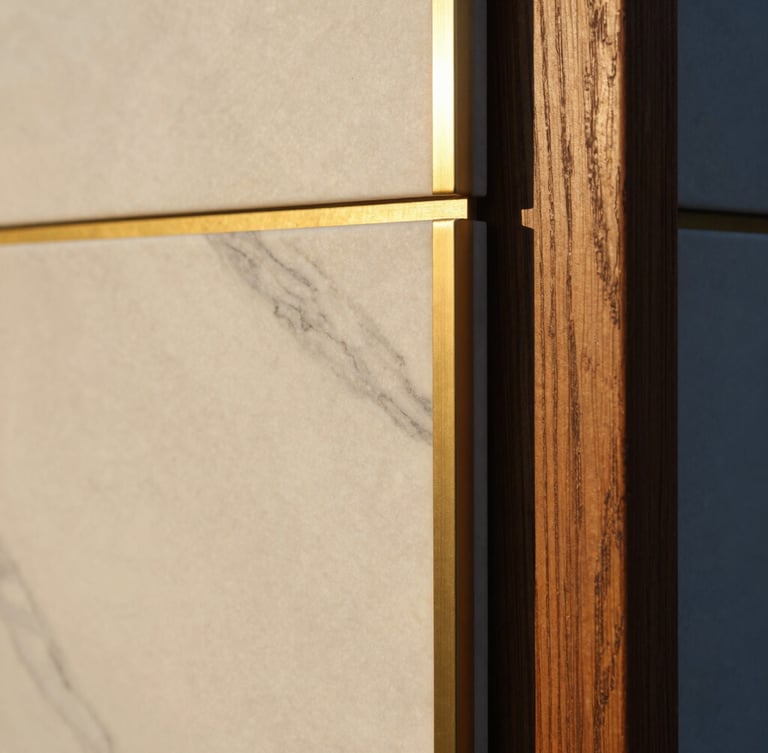 Close-up shot of premium materials, white marble with grey veins meeting brushed gold brass inlay and dark structured oak wood