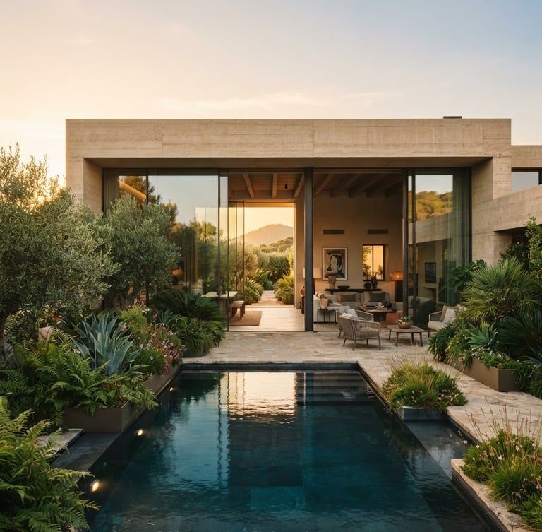 Straight-on architectural shot of a modern concrete villa opening seamlessly to a lush structured garden, golden hour light, warm beige tones.