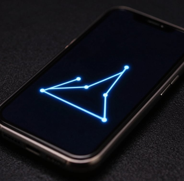 Macro close-up of a mobile screen showing a minimalist physics puzzle with glowing electric-blue lines on a deep black background, sharp focus, low-key studio lighting.