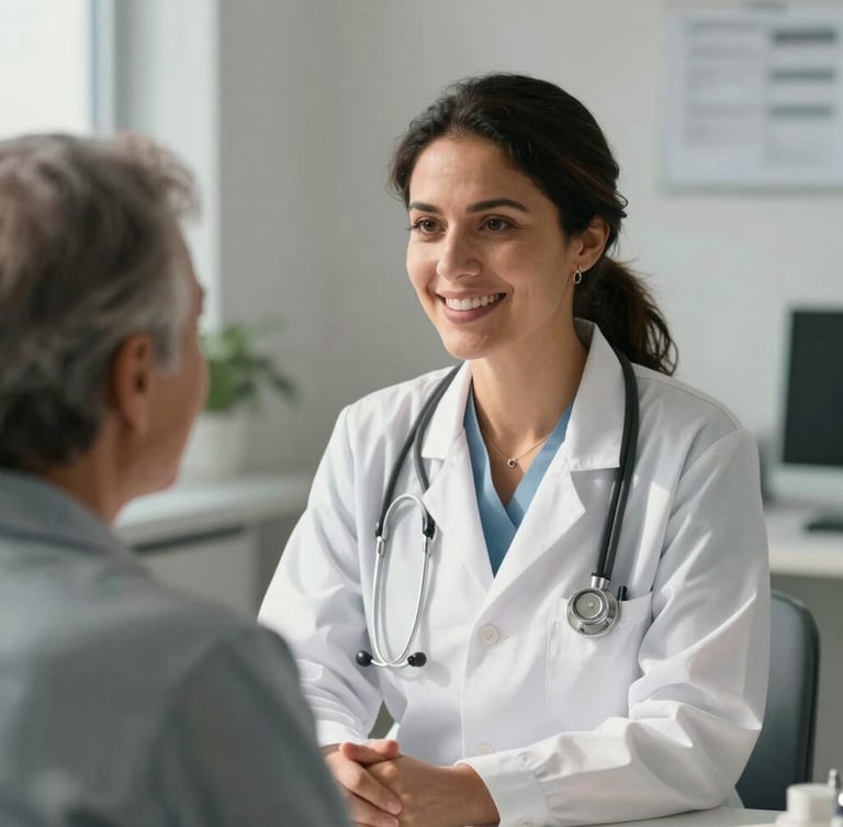 A warm, sunlit medium shot of a Hispanic female doctor smiling and listening intently to an elderly patient in a clean, modern medical office.