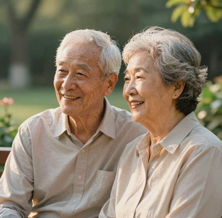 Dignified senior couple smiling warmly in soft golden hour sunlight, sitting together in a refined garden setting, shallow depth of field.