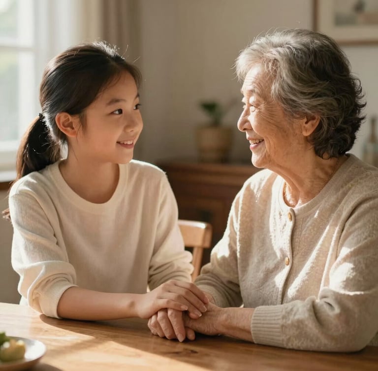 Warm natural sunlight illuminating a daughter holding her elderly mother's hand on a wooden table, soft focus on their smiling faces, elegant home environment.